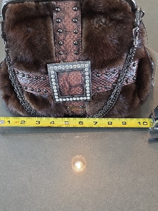 Brown Mink and Snake-Texture Evening Bag with Rhinestone Buckle & Kiss Closure - Picture 14 of 16